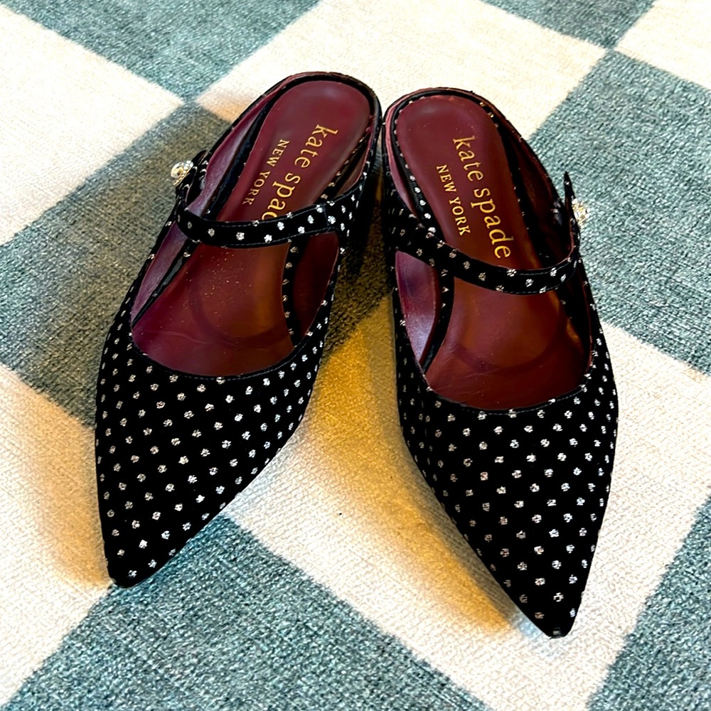 Kate Spade “Meg” Mary Jane slide velvet black sparkle polka dot - sz 10